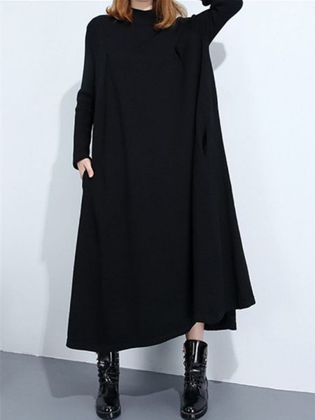 

fall new oversized loose high neck side seam pocket dress, Black;gray