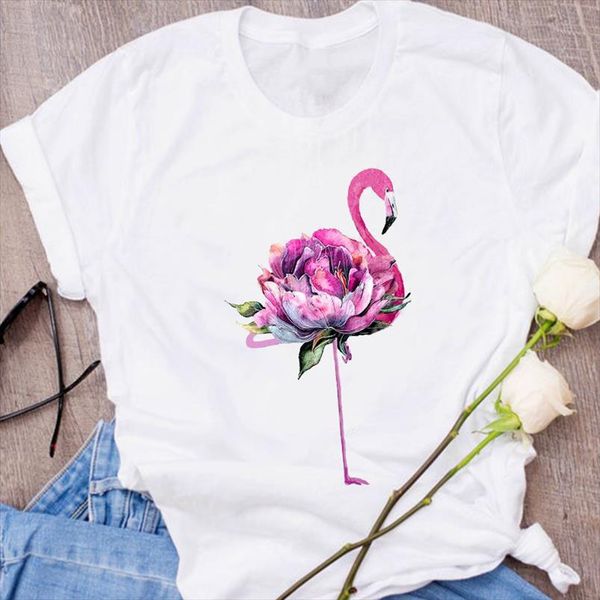 

women graphic watercolor flamingo elegant flower floral fashion print clothes lady tees female t shirt womens t shirt, White
