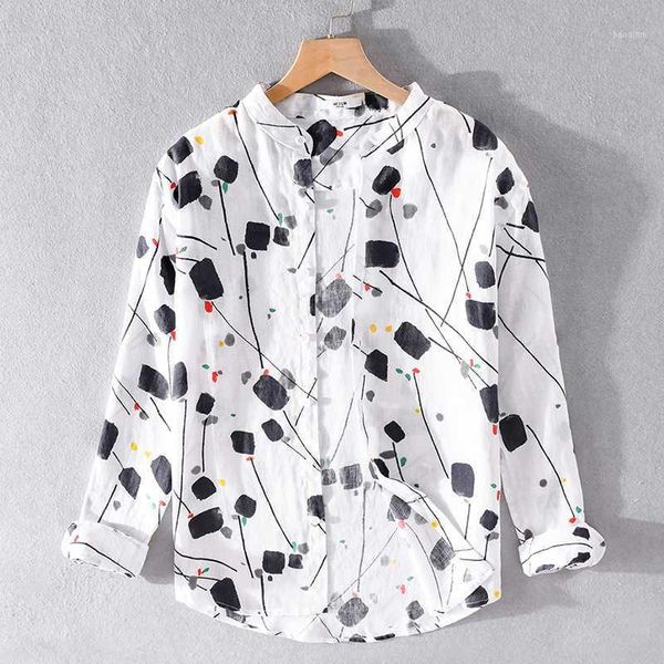 

summer new printed personality design casual pure linen shirt men brand fashion shirts for men trendy loose shirt mens chemise1, White;black