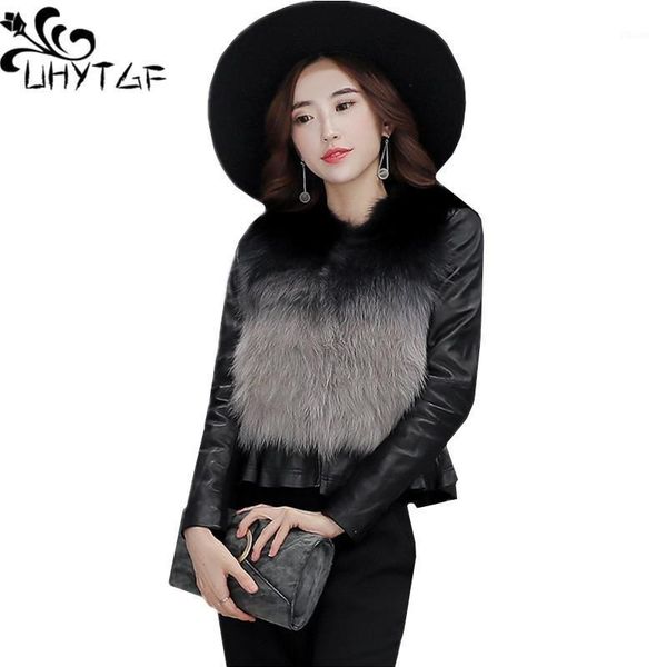 

uhytgf women winter fur warm jacket coat new short faux fur outerwear fashion pu splice leather with fake slim coat10071, Black