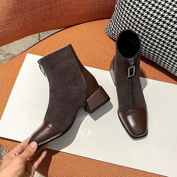 

boots women 2021 round toe autumn shoes luxury designer low mid calf rock rubber ladies fashion mid-calf lace-up hoof1, Black