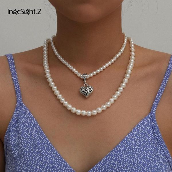 

ingesight.z 2pcs/set multi layer imitation pearl choker necklace collar antique silver color love heart pendant necklace jewelry