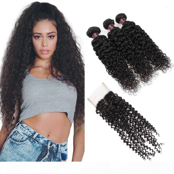 

3 bundles ishow human hair curly brazilian virgin hair with closure wholesale price 100% human hair with closure natural color 1b ship, Black