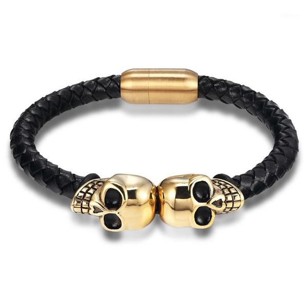 

charm bracelets fashion men jewelry black braided leather stainless steel cool skull bracelet1, Golden;silver