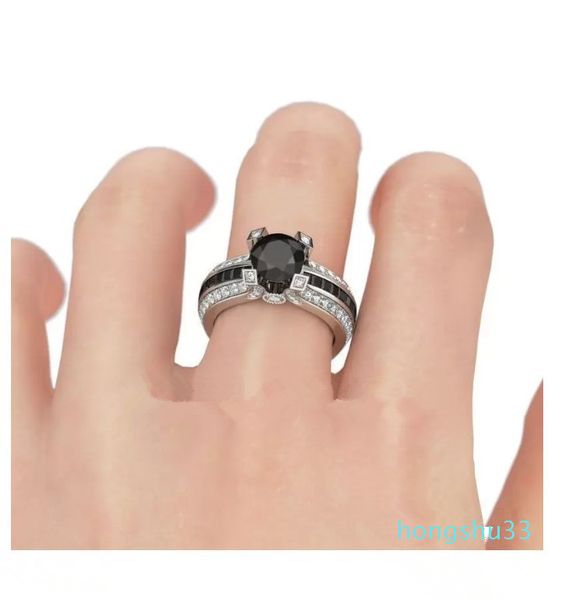 Amantes de prata jóias anel de noivado preto simulado diamante cz 925 esterlina prata casamento banda anel set para mulheres