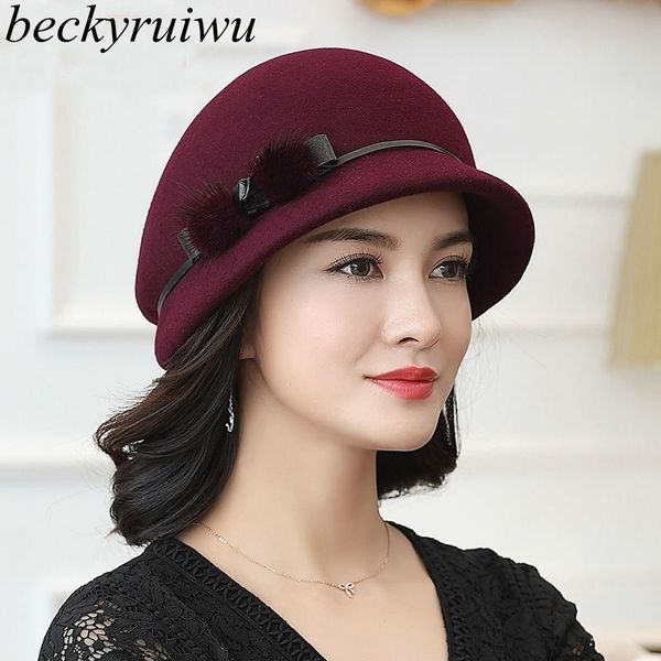 

beckyruiwu mother gift lady autumn and winter fashion woolen cloche hats woman party formal grade 100% wool felt hat cap t200104, Blue;gray