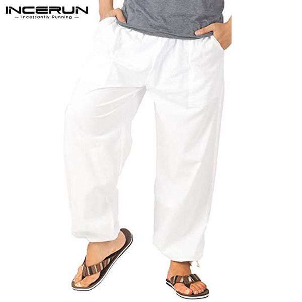 

men's pants men leisure wide leg incerun solid color vintage drawstring trousers 2021 fashion cotton loose pantalones streetwear 5xl 7, Black