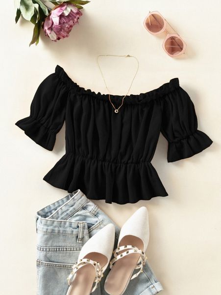 

flounce sleeve frill trim bardot peplum blouse 73e3#, White