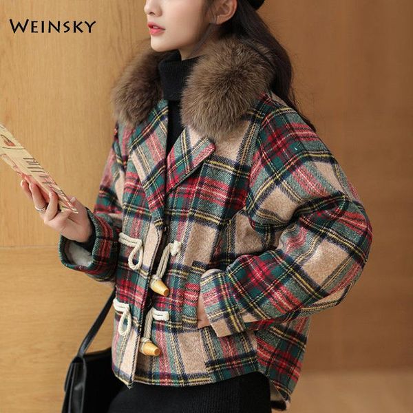 

women's wool & blends autumn and winter thick plaid woolen coat, Black