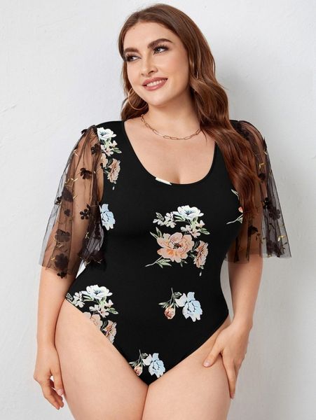 

plus floral print contrast appliques mesh bodysuit 89px#, Black