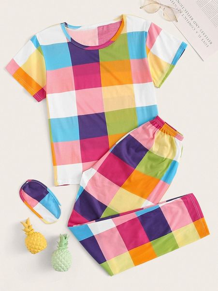 

plus colorful plaid eye cover pj set h4ae#, Black;white