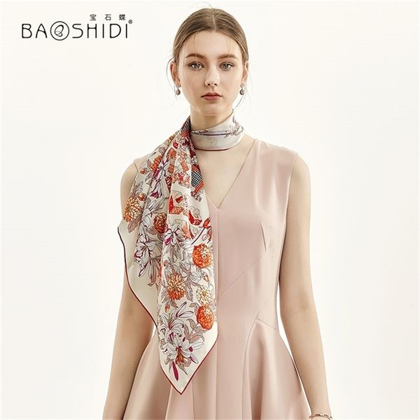 

baoshidi] fashion neck scarves, 100% women, lady spring pure silk handkerchief, hand rolled,manual print scarf y201007, Blue;gray