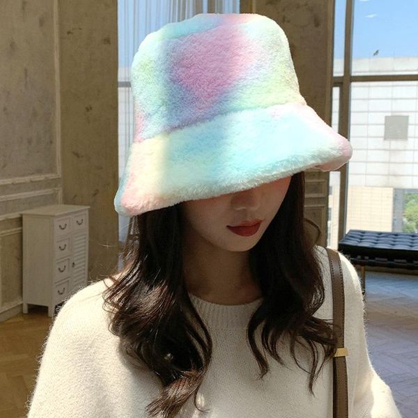 

foldable bucket hats women winter outdoor rainbow tie dye bucket hat fluffy fuzzy plush short thick warm outdoor fisherman cap, Blue;gray