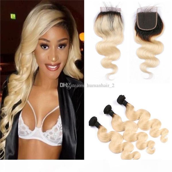 

9a ombre brazilian hair with 4*4 lace closure body wave and bundles 1b 613 blonde ombre human hair with lace closure three part, Black;brown