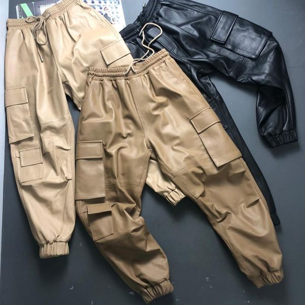 

2021 rushed solid flat trousers women new leather women's pants versatile pocket 100% sheep tooling style autumn and winter, Black;white