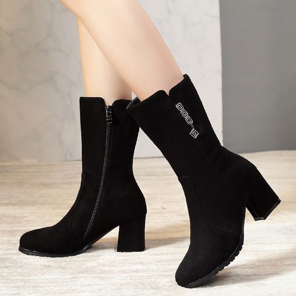 

boots autumn winter mid-calf women flats heels warm plush pu leather knee, Black