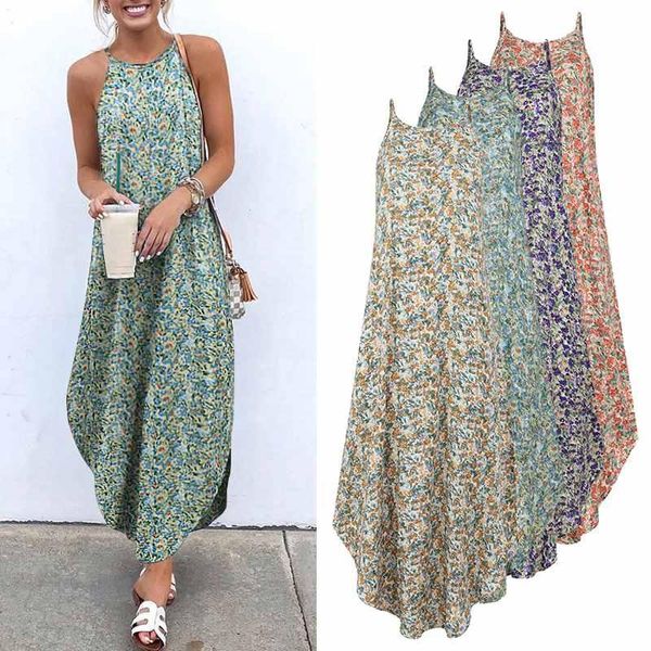 

casual dresses printed maxi vonda bohemian sleeveless sundress women causal halter summer beach dress asymmetric long 5xl, Black;gray