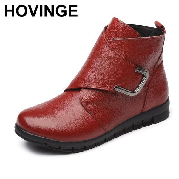 

hovinge women boots winter new fashion female warm snow boots woman genuine leather flat ankle women plus size shoes, Black