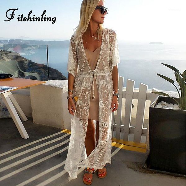 

fitshinling 2020 new lace beach cover-up swimwear transparent slim kimono holiday boho bikini outer cover long cardigan new1, White