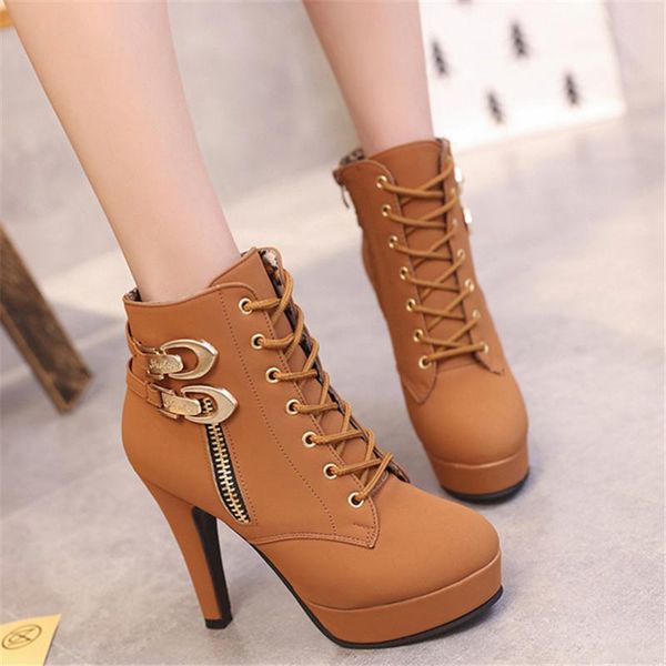 

spring autumn thin high heels round toe platform faux leather zipper style ankle womens boots woman shoes rubber boots, Black