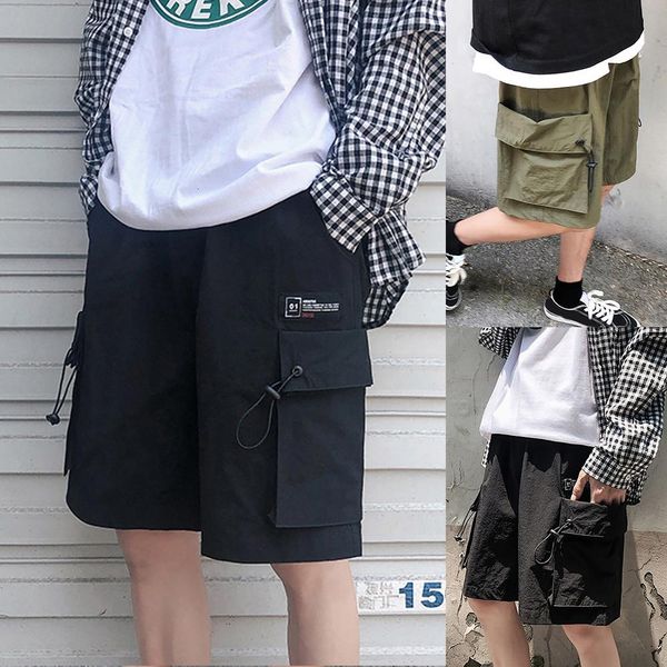 

men's 2020 new casual mens men solid color drawstring elastic waistband pockets fifth cargo shorts, White;black