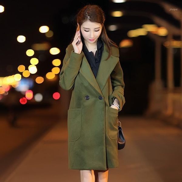 

office lady slim long wool blend ladies coat double breasted women's jacket pockets korean womens fashion coat1, Black