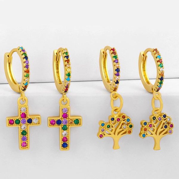 

dayoff 1pair korean colorful zircon cross hoop earings women jewelry european chic life tree pendant mini circle earrings1, Golden;silver