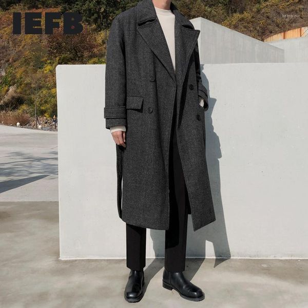 

iefb mrcyc winter heavy woolen overcoat men's korean version knee length windbreaker loose herringbone coat fashion 9y44871, Black