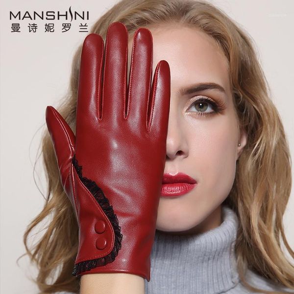 

2020 winter new arrival women' fashion sheepskin gloves genuine leather touch screen gloves add velvet keep warm winter1, Blue;gray
