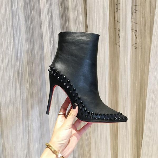 

winter ankle women boots 10cm high heels pointed toe genuine leather ladies shoes with rivet luxury shoes designer 2021, Black