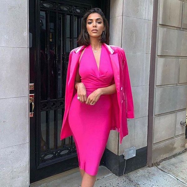 

casual dresses v neck pink bandage dress 2021 designer fashion party vestido, Black;gray