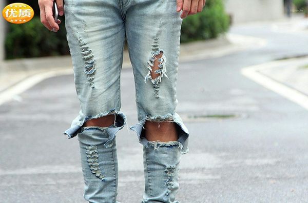 

summer light blue / black ripped jeans for men straight hip hop style denim jeans with hole destroy wash male streetwear1