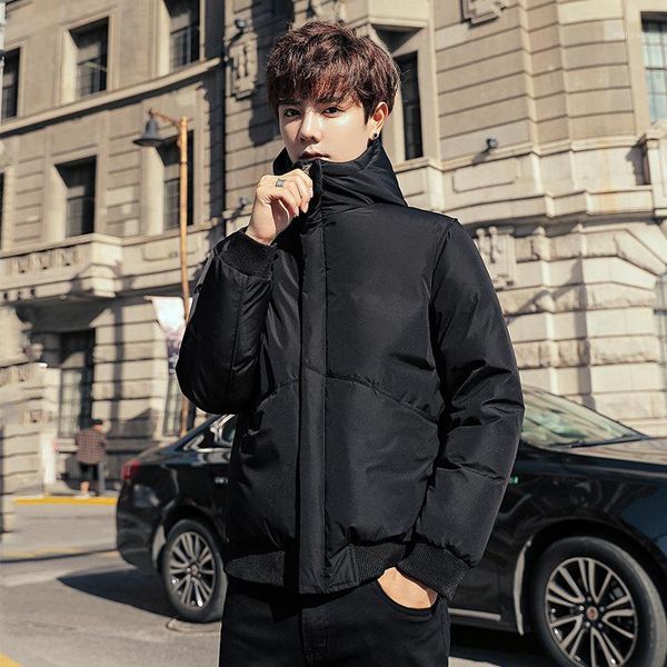 

men's new winter white duck down jacket warm hooded stand collar short casual coat down-filled coat1, Black