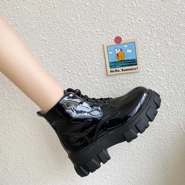 

boots flat platform boots-women ankle booties women round toe women's shoes autumn lace up luxury designer botas mujer1, Black