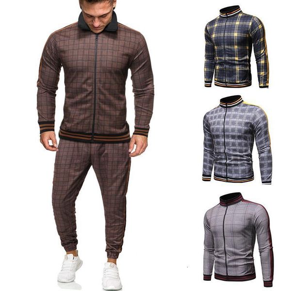 

2021 gentlemen tracksuit men fashion sporting suit men sets brand plaid zipper sweatshirt+sweatpants mens clothing 2 pieces sets, Gray