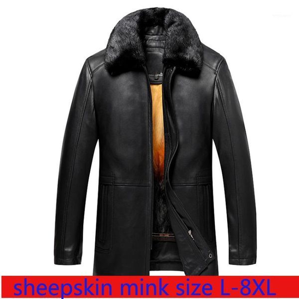 

new super large thick warm male sheep skin leather fur overcome inner liner mink turn-down collar plus size l-7x8xl1, Black