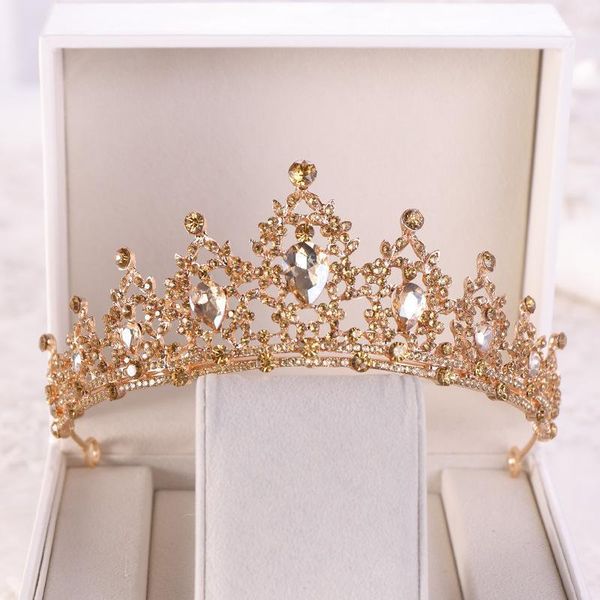 

baroque gold champagne crystal heart bridal tiaras crown rhinestone pageant diadem veil tiara headbands wedding hair accessories1, Golden;white
