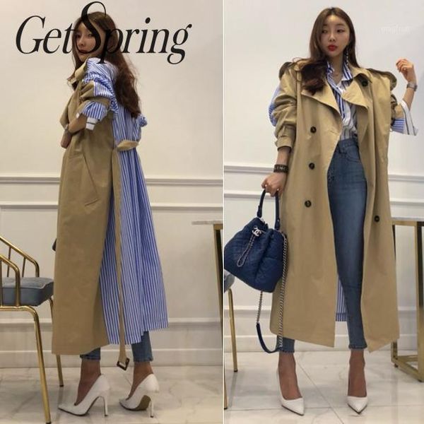 

getspring women coat women trench coats stripe color matching long trench irregular bandage black khaki long coats 2019 fashion1, Tan;black