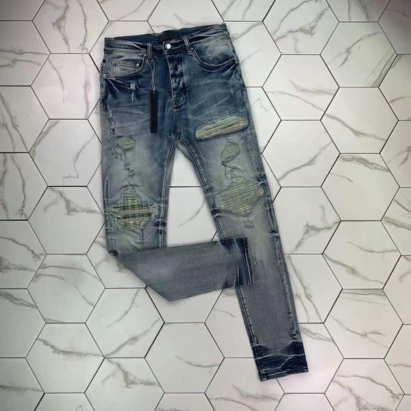 

hm516 mens jeans distressed motorcycle biker jean rock skinny slim ripped hole stripe fashionable snake embroidery denim pants, Blue