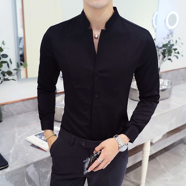 

2020 autumn stand collar casual masculina boutique long-sleeved slim men's solid color business shirt size 5xl, White;black