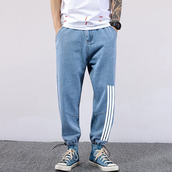 

9uajx printed summer spring fat cropped plus denim plus loose feet men's jeans jeans and jeanspants and jeanswhite washed men's pa, Blue