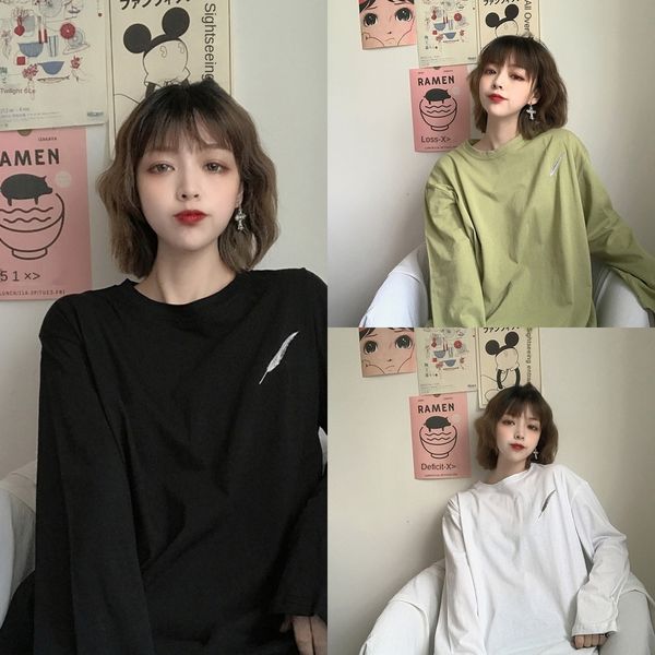 

net красного пера длинного рукава футболки женщины ins модно top embroideryembroidery вышивка свободного корейский студент случайные футболк, White