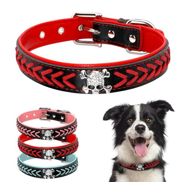 

cool braided leather dog collar soft padded skull studded pet dogs collars adjustable for medium large dogs pitbull boxe wmtyyy