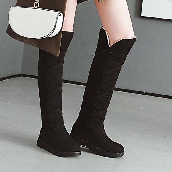 

boots black women knee high fashion pure color round toe slip-on flat heels over knees boots#41