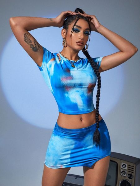 

tie dye crop tee & skirt set p2o5#, White