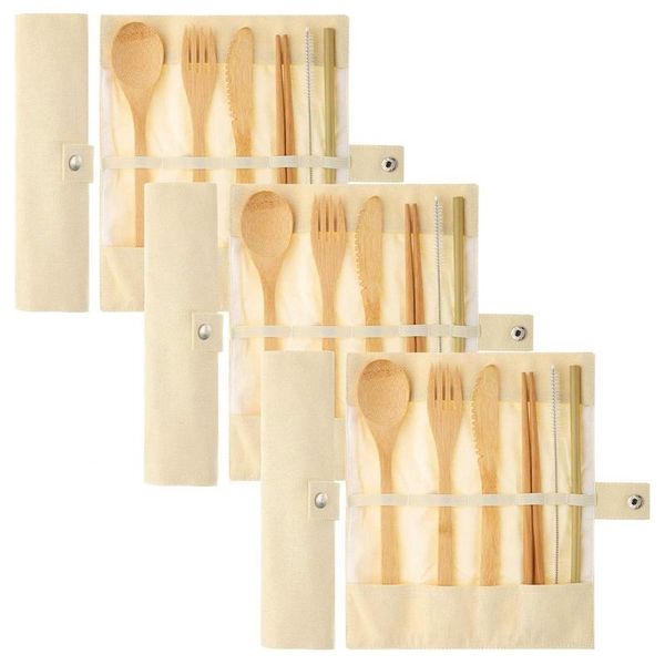 

bamboo cutlery set of 3, reusable bamboo cutlery including knife, fork, spoon, chopsticks, reusable straw, suitable for travel p