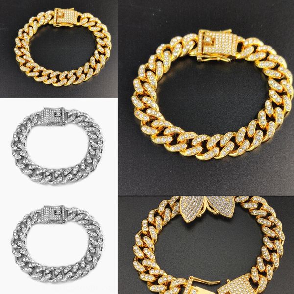 

new discount cuban chain braceletprice hip hop bracelet full diamond 12mm single row diamond cuba chain men's trendy bracelet vio1e, Golden;silver