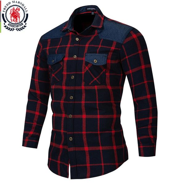 

fredd marshall 2020 autumn double button down pockets plaid shirt long sleeve casual patch shirts male regular fit plus size, White;black