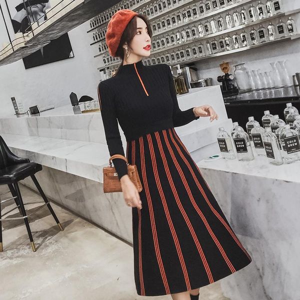 

casual dresses autumn winter 2021 striped soft knitted sweater dress women stand collar long sleeve office lady elegant slim, Black;gray