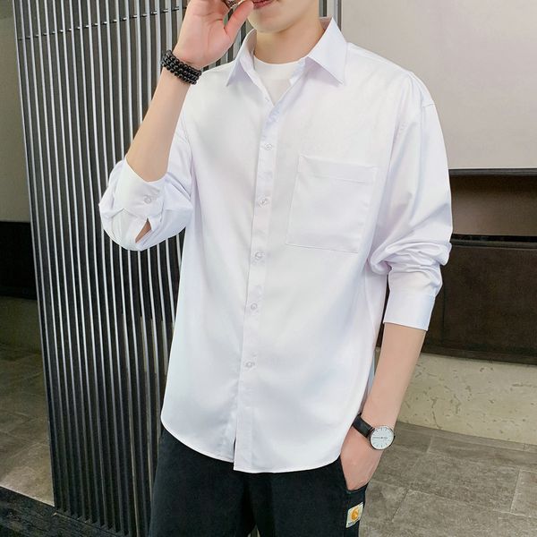 

2021 brand spring autumn long sleeves new flannel collar korea style shirt for men's solid harajuku clothing yybe, White;black